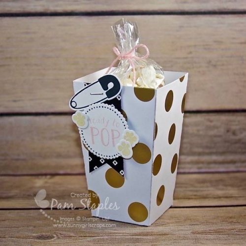 Design Team submission for SUOC 151 featuring the Popcorn Box Thinlits as I've created an adorable Popcorn Box Baby Shower Favor. Created by Pam Staples. #suoc #sunnygirlscraps #stampinup #popcornbox #babyshowerfavor #readytopop